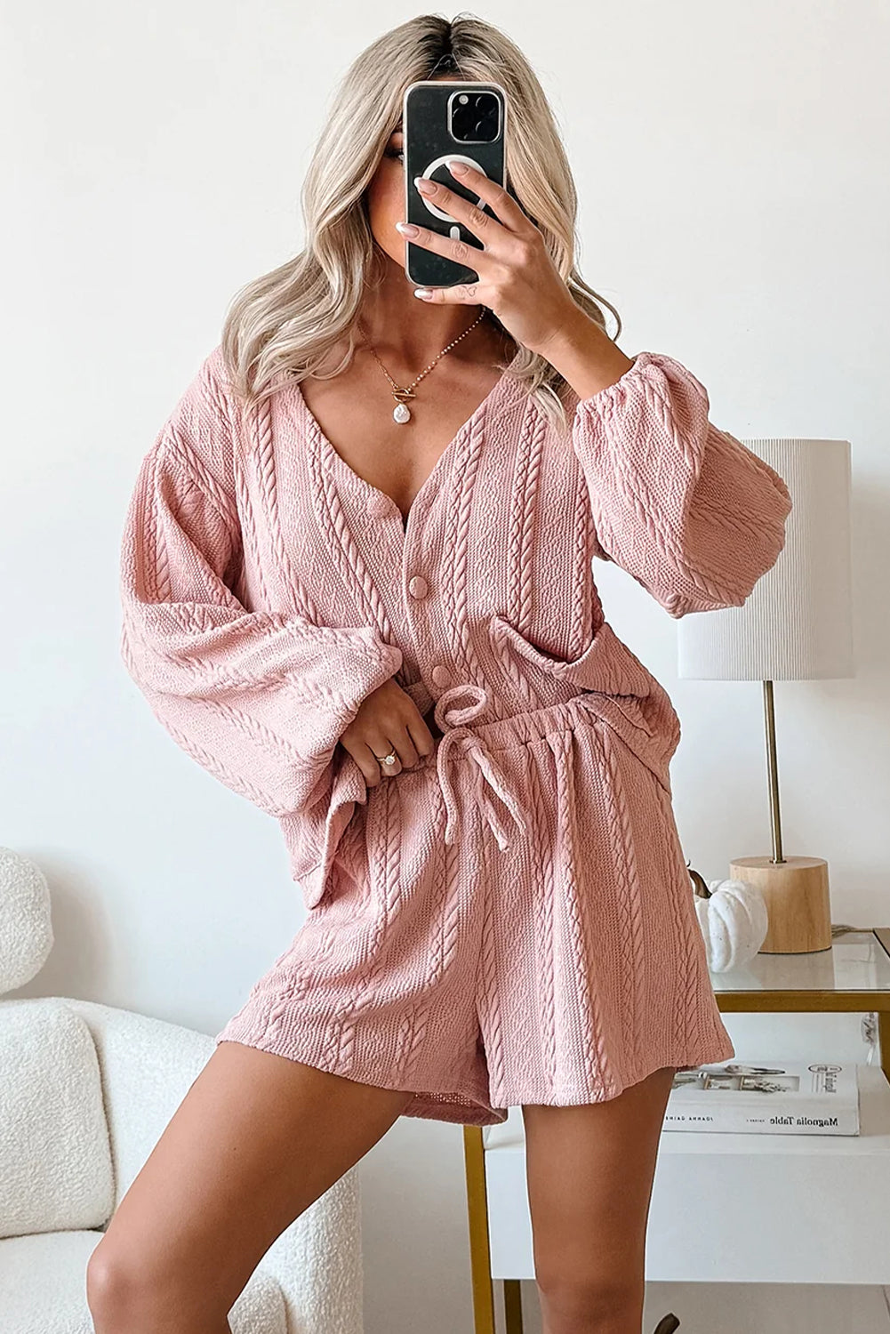 Cable Knit V-Neck Cardigan and Shorts Set