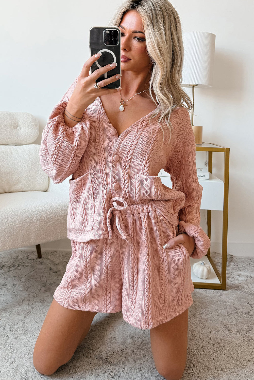 Cable Knit V-Neck Cardigan and Shorts Set